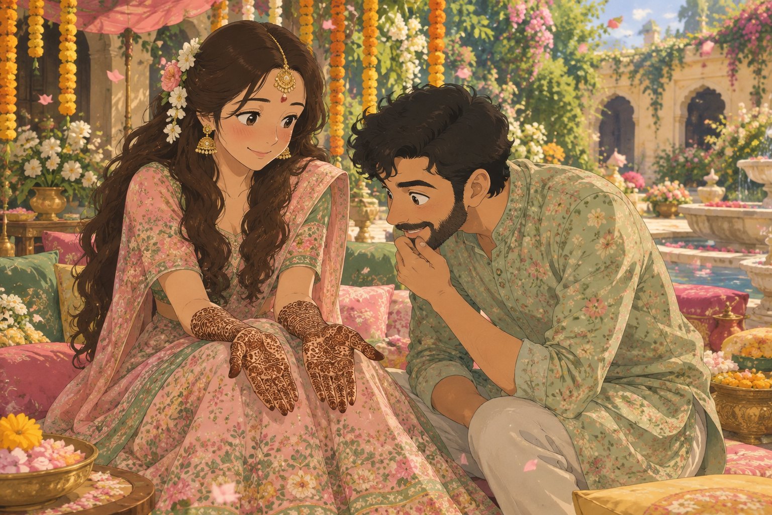 Ghibli-style Mehendi: Soumya shows her mehendi while Dewanshu peeks for his name