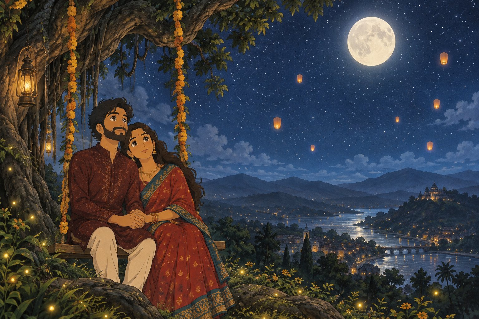 Ghibli-style Dewanshu and Soumya on a swing under the full moon