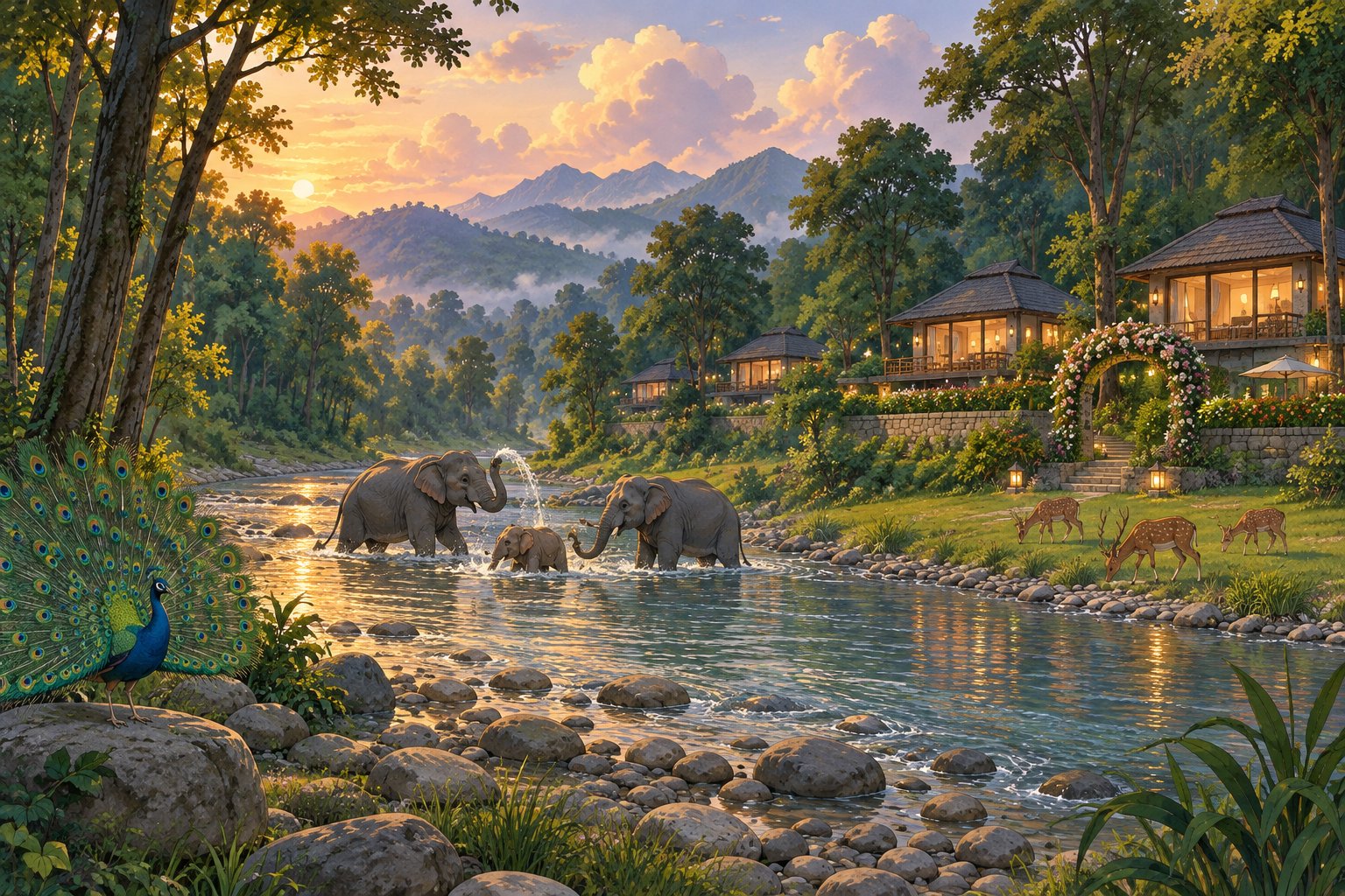 Ghibli-style Jim Corbett: elephants bathing in the river beside the resort